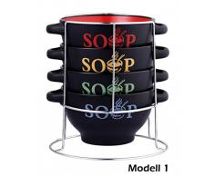 5 Pièces assiettes creuses en céramique avec support set de 4 bols de 700 ml - 3 modèles différents-coupe à dessert-soupe-terrine soupière-bols à soupe-support de rangement idéal pour manger des céréales, Modell 1