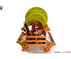 Wooglaste - Égouttoir à Vaisselle - en Bois de Bambou - 4 Supports de Rangement - 1 Niveau Supérieur Plus 2 Niveaux Latéraux pour Assiettes Tasses Verres - 1 Panier à Couverts - Pliable