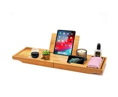 ADOV Pont de Baignoire Extensible, Naturel Bois Bambou Plateau Baignoire avec Bougie, Verre, Livre, Tablette et Téléphone Titulaire, Antidérapante Etagère à Baignoire Convient À Plupart Baignoire