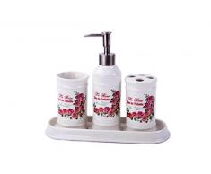 GMMH Maison de Campagne Vintage de Salle de Bain Roses Salle de Bain Set d'accessoires Distributeur de Savon Brosse WC Céramique (Lot de 4)