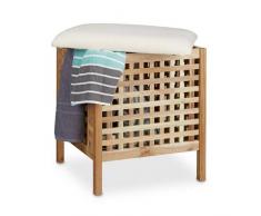 Relaxdays Tabouret de salle de bain en bois de noyer massif compartiment linge coffre coussin assise corbeille 52 litres HxlxP: 52 x 49 x 49 cm, couleur naturelle et blanc
