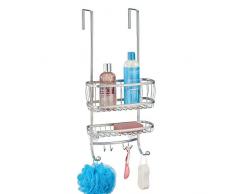 mDesign rangement de douche suspendu à la porte de la douche – étagère de douche pratique – avec ventouses et 4 crochets – accessoire de rangement salle de bain – argenté