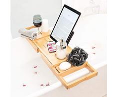 Monsuri Plateau pont de baignoire en bambou avec emplacements porte-savon et supports pour verre et livre