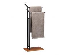 Relaxdays, noir Porte pied, Support pour serviettes de bain 2 barres fer aspect bois, 88 x 40 x 20 cm, MDF