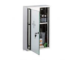 Relaxdays 10024530 Armoire Ã Pharmacie Acier Inox Porte Miroir Ferme Ã ClÃ© 2 Niveaux MÃ©dicaments Pansements 50x30x11cm, ArgentÃ©, inoxydable, HLP 50 x 30 x 11 cm