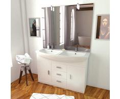 Meuble de salle de bain blanc double vasque 120cm sur pied + vasque céramique blanche + miroir applique led - THRIFTY 120