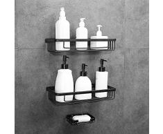 Gricol Etagère de Douche sans Perçage en Aluminium Aéronautique Paniers Rectangulaire Antirouille Auto-adhésif avec Porte-Savon Éponge pour Salle de Bain et Cuisine 2 Pièces (Noir)