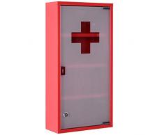 Homcom Armoire à Pharmacie 3 étagères 4 Niveaux verrouillable Porte Verre trempé dépoli Logo Croix 30L x 12,5l x 60H cm Acier INOX Rouge