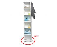 Armoire Colonne Pivotante de Salle de Bain - 6 Niches + 2 Miroirs + 2 patères - Coloris BLANC