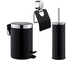 TecTake Set salle de bain brosse pour toilettes porte-papier toilette poubelle noir