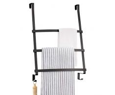 mDesign porte-serviettes à suspendre – porte-torchon sans perçage pour la salle de bain – échelle accroche torchon avec 3 barres et 2 crochets – convient aussi dans le couloir – noir