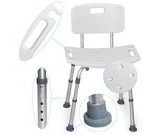 MedX5 (Upgrade 2019) Tabouret de douche réglable en hauteur, chaise de bain avec dossier, tabouret de bain, charge maximale : 135 kg avec traverses SUPPLÉMENTAIRES
