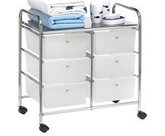 IDIMEX Caisson sur roulettes GINA Chariot avec 6 tiroirs en Plastique Blanc Transparent et 1 étagère, Meuble de Rangement pour Salle de Bain en métal chromé