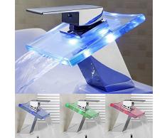 Robinet Mitigeur Lavabo LED Cascade Lumineux en Verre Changement de Couleur Bleu/Vert/Rouge/ Rouge-Clignotant selon Différentes Températures Bain Douche Baignoire Salle de Bain 3/8"