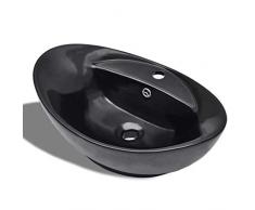 vidaXL Vasque Ovale à Trou Trop-Plein/Robinet Céramique de Salle de Bain Noir
