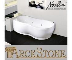 Baignoire Angle courbe asymétrique rectangulaire Novellini Venus hydro désinfection 170x70 180x80 H55 cm colonne installation gauche SX Panneau avant Whirlpool Télécommande châssis blanc soutien
