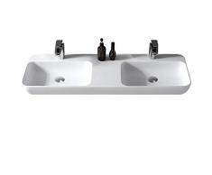 Double vasque à poser ou pour montage mural TWG203 en pierre solide (Solid Stone) - blanc mat - 120x40x12cm