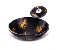 Vasque en Verre Trempé Motif de Flamme Dorée Art Lavabo Vasque à Poser Salle de Bain Marron Evier à Poser avec Cache Bonde, Égout, Installer lanneau,Round Set