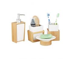 Relaxdays Accessoires salle de bain bambou céramique Set 4 pièces distributeur savon gobelet brosse à dent, nature blanc