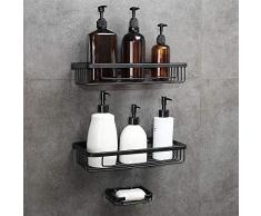 GERUIKE Etagère de Douche dangle Perçage en Aéronautique Paniers Antirouille avec Porte-Savon Éponge pour Salle de Bain et Cuisine 2 Pièces Noir