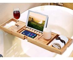 Plateau de bain en bambou de qualité supérieure par Harcas. Magnifique baignoire extensible avec casier à vinet support d’iPad/porte-livre.