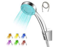 Pommeau de douche lumineuse 7 couleurs salle de bain avec flexible, douchette de douche LED économie d’eau ABS surface chromée
