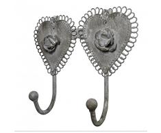 Porte Serviette Mural ou Porte Torchons 2 Accroches Motif Coeur en Fer Patiné Gris 7x17x20cm