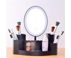 Miroir De Beauté LED avec Lumière, Boîte De Rangement pour Cosmétiques Pivotante À 180 °, Miroir Tablette Cosmétique Gradation USB Réglable Continu Trois Couleurs,Black