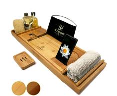 Blooming Lily Pont de Baignoire Extensible en Bambou - Plateau Planche avec Porte-Livre, Porte-Verre, Porte-Bougie et Support pour Téléphone - Accessoire de Salle de Bain Stable et Robuste - Naturel