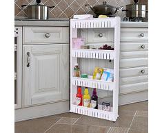 Songmics 4 étages Etagère de rangement, Armoires de cuisine, Chariot de stockage, Meuble de rangement à roulettes, Etagère de cuisine, salle de bains roulante 102,5cm avec Blanc KFR04W