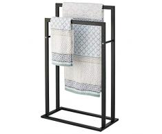 mDesign rangement serviettes pour la salle de bain – porte-serviette autoportant à 2 tringles en métal – porte-serviettes sur pied pour serviettes de bain, gant de toilette, etc. – noir mat