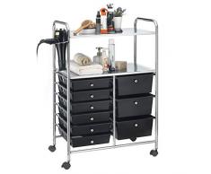 IDIMEX Caisson sur roulettes Marita Chariot avec 9 tiroirs en Plastique Noir et 2 étagères avec Anneau Porte sèche Cheveux, Meuble de Rangement pour Salle de Bain en métal chromé
