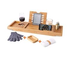 Temple Spring Support de bain avec bougie, verre à vin, livre, tablette, iPad et support de téléphone. Pont extensible/réglable, bois naturel sur plateau de baignoire. 100% bambou