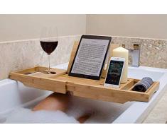 bathbü Pont de Baignoire Bambou Bras Jambes Extensibles, Support Livre/Tablette, Téléphone Portable, Verre de Vin, Plateau pour Accessoires