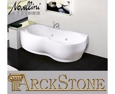 Baignoire Angle courbe asymétrique rectangulaire Novellini Venus hydro 170x70 180x80 H55 cm colonne Robinet Installation gauche SX Panneau avant Whirlpool Télécommande châssis blanc brillant soutien