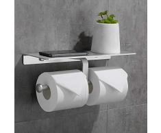 Gricol Porte Rouleau de Papier Toilette Hygiénique Sans Perçage avec Etagère de Téléphone Portable Support Mural Double pour Salle de Bains (Argent)