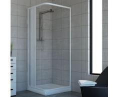 Cabine de douche d’angle, une porte, fermeture à 90°, ouverture à droite ou à gaucheProduit en PVC atoxique auto-extinguible.Réductible en coupant le rail.Blanc.