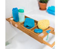 Relaxdays 10019196 Pont de baignoire Tablette de bain Porte-savon Support en bois de bambou Spa H x l x P: 7 x 67,5 x 21 cm salle deau détente support livre verre, nature