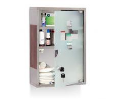 Relaxdays Armoire à pharmacie EMERGENCY XL, acier inoxydable et bois, Large, Taille: 45 x 30 x 12 cm, 3 tablettes, verrouillable, 2 touches, argent / brun