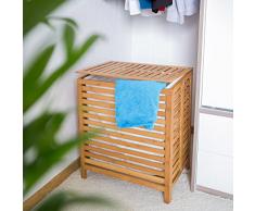 Relaxdays 10018978 Panier à linge corbeille bambou coffre bois sac rangement HxLxP: 60x50,5x35,5cm bac à vêtement avec couvercle, blanc et marron