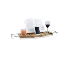 Travel Earth ✮ BamBridge ✮ Le Pont de Baignoire Bambou 100% Naturel! Plateau de Bain Universel avec Porte-Verre + Porte-Savon + Support téléphone/Tablette/Livre. Offert: Mini éponge de Bain !