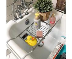 WQZF Plateau De Baignoire INOX, Extensible Antidérapant Baignoire Support De Rangement pour Baignoire Organisateur Multifonctionnel, Deux Plateaux, Résiste À leau Et Rouille