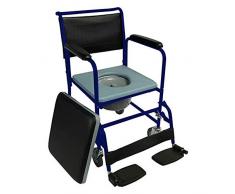 Mobiclinic, Mod. Barco, Chaise percée à roulettes et couvercle, pour personnes âgées ou handicapées, Repose-pieds rabattables et accoudoirs amovibles, Bleu