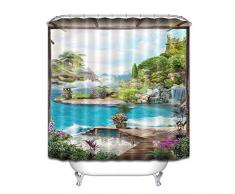 KGKBH Rideau de Douche Salle De Bains Imperméable Tissu Rideau De Douche Polyester 12 Crochets Accessoires De Bain Ensembles Ancienne Estrade Fleurs en Fleurs Vue sur Mer 72x72inch