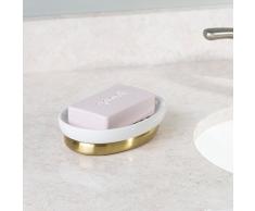 mDesign Porte savon – Porte savon pour douche – Porte savon salle de bain en métal et céramique – Accessoire de salle bain – Couleur : blanc/doré