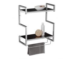Relaxdays Étagère porte-serviette pour la salle de bain HxlxP: 53 x 44,5 x 21 cm rangement 2 barres 2 niveaux en verre et métal, argent-noir