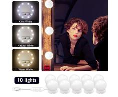 Lumière de Miroir LED - Hollywood Kit de Lumière LED 10 Ampoules Luminosité Réglable 3 Couleurs 10 Niveaux de Luminosité avec Adaptateur (Blanc)(Miroir Non Inclus)