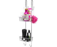 Etagère de Douche – A Poser sans percer – Rangement de Douche Suspendu avec 2 paniers 2 Crochets 2 Portes Serviettes – pour Douche avec paroi ou Porte vitrée (Acier chromé, 70 x 18,5 x 19 cm)