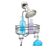 mDesign étagère de douche sans perçage – valet de douche à suspendre avec panier de rangement et 4 crochets – serviteur de douche en métal durable – noir mat
