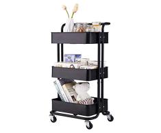 BOMKEE Chariot de Cuisine à 3 Niveaux, Chariot de Service Desserte avec Panier Rangement Multifonctionnel Organisateur pour Salle de Bain, Cuisine, Bureau, Bibliothèque, Le Balcon(ABS Noir)